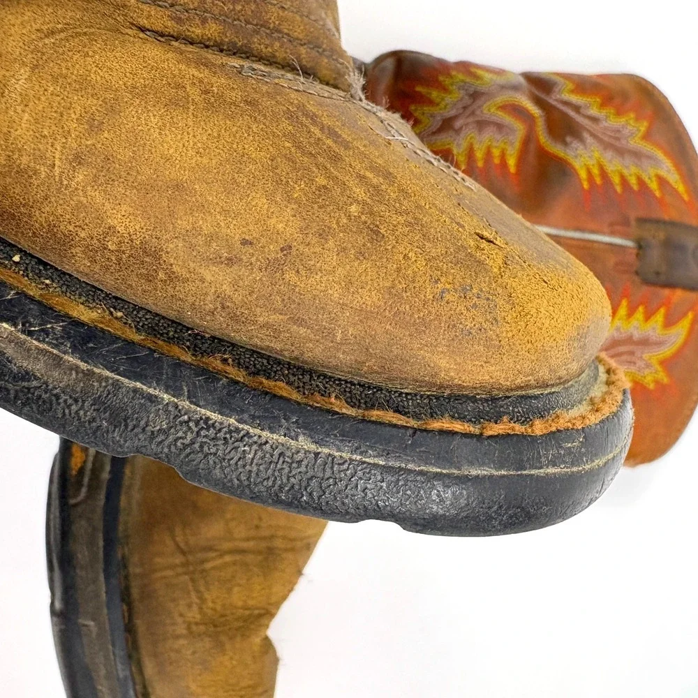 Ariat Kids WorkHog Square Toe Boots Sz 1.5‎ Brown Red Flame Embroidery Western